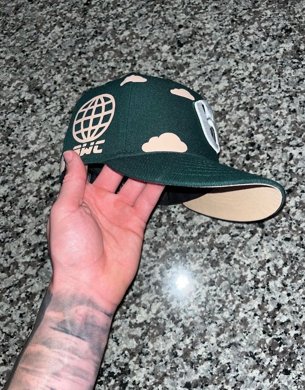 Image of BEIGE BRIM PINE GREEN PARTLY CLOUDY  MILWAUKEE BREWERS CUSTOM FITTED CAP