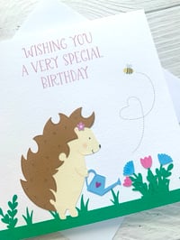 Image 2 of Handmade Hedgehog Watering Flowers Birthday Card - Cute Animal Card for Garden Lovers 