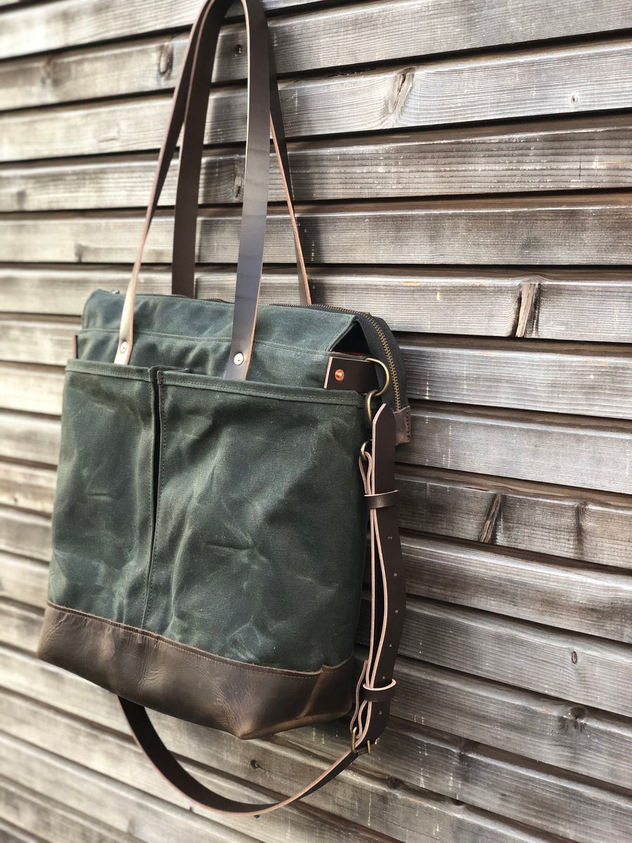 Image of Forest green waxed canvas tote bag / office bag with leather bottom and cross body strap