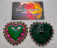 Image 1 of Hand Polished Dark Green Heart Beaded Earrings