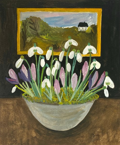 Image of a bowl of snowdrops and crocus with landscape painting 