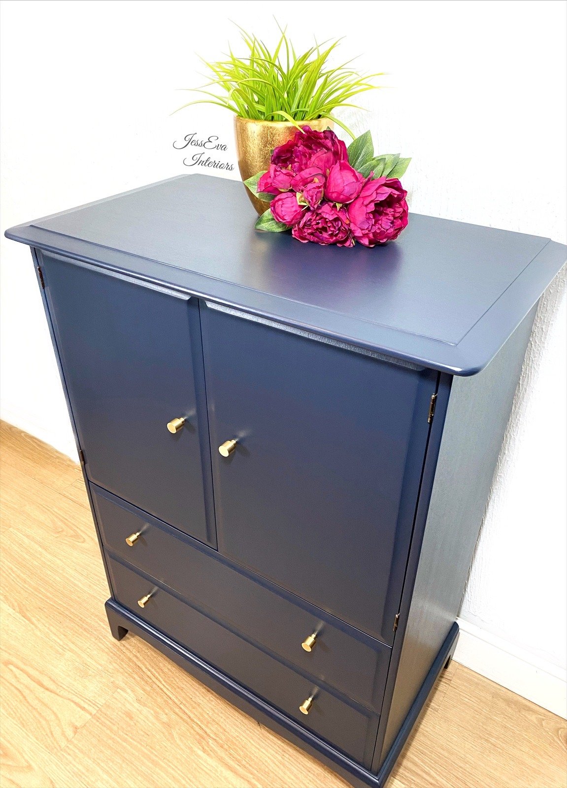 Painted Navy Blue Stag Minstrel LINEN CUPBOARD/ TALLBOY / DRINKS CABINET 