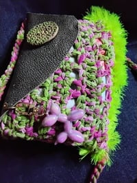 Image 4 of Olive green leather crossbody bag with pink and green crocheted front