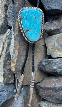 Image 1 of Large Kingman w/Pyrite Turquoise Bolo Tie w/ Handmade Sterling Silver Tips