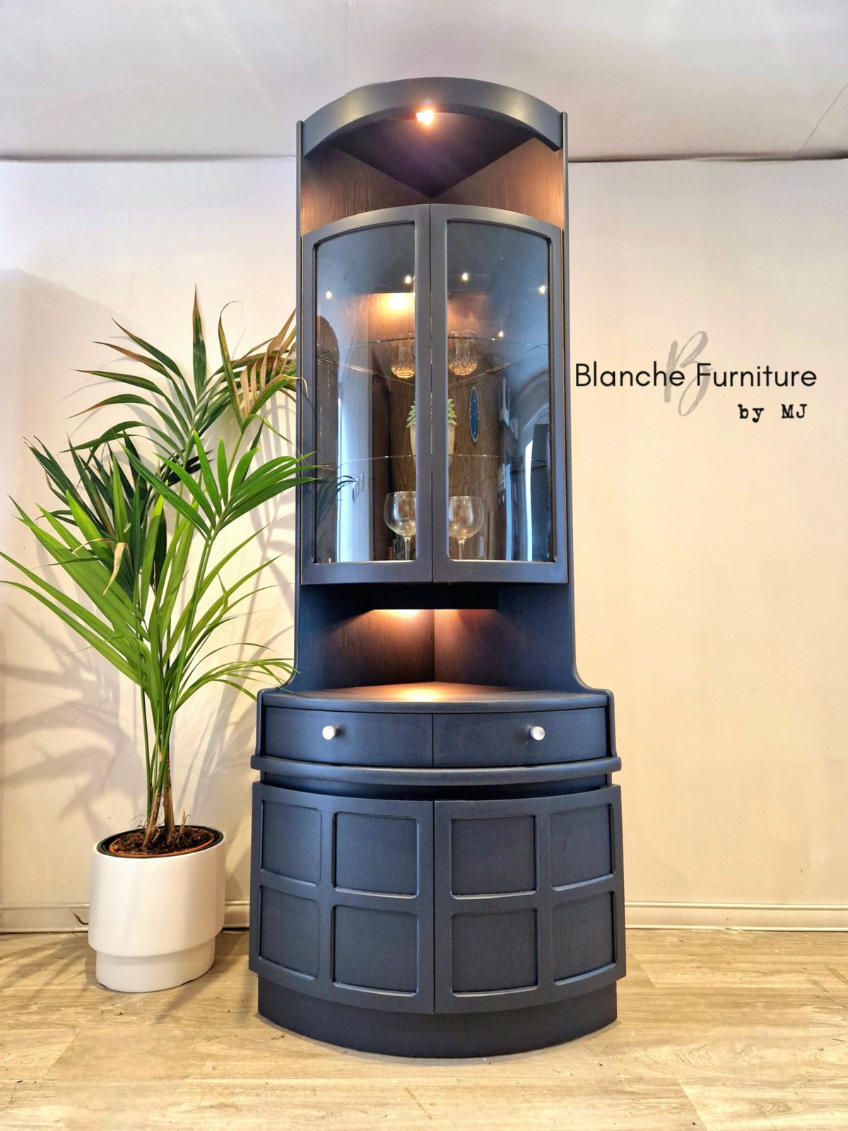 Image of Nathan Corner Drinks Cabinet unit with light - in Midnight Blue