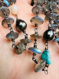 Image 16 of wire wrapped labradorite turquoise and Tahitian pearl necklace