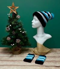 Image 2 of 4 in 1 Hat & Handwarmer Set, Size S (Teen - Small Adult) Aqua, White & Black 
