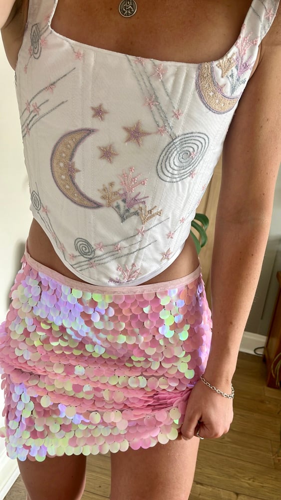 Heavily embellished Disc sequin Pink mini mesh Skirt