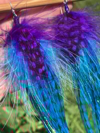 Image 1 of Feather Earrings, Festival Earrings, Colorful Dangle Earrings, Feather Drop Earrings Purple and Blue