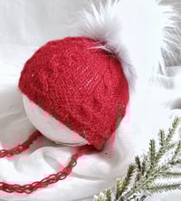 Image 2 of Newborn knitted hat for photoshoot | red and white | with pompom | dark red | Christmas| winter