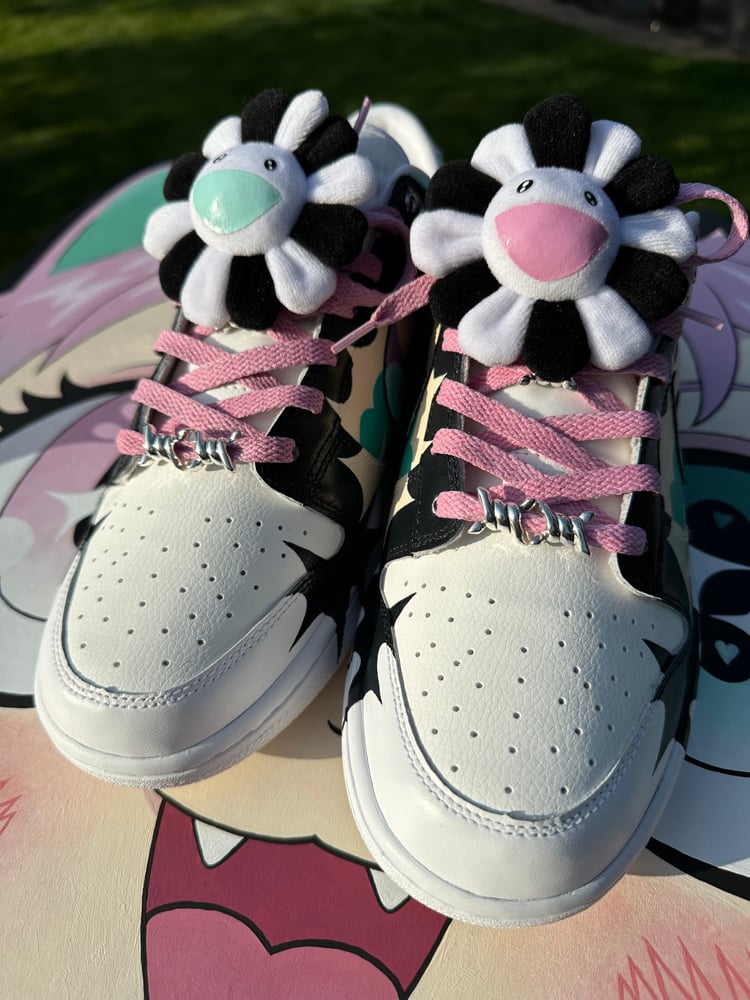 Image of Pink Acid Handpanited Nike Dunk w/ Custom Murakami Flower. 1 of 1. Made by @tylr.iii