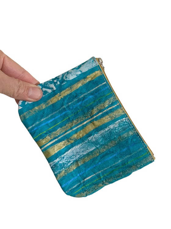 Image of XL Zippered Pouch - handpainted - turquoise w. stripes