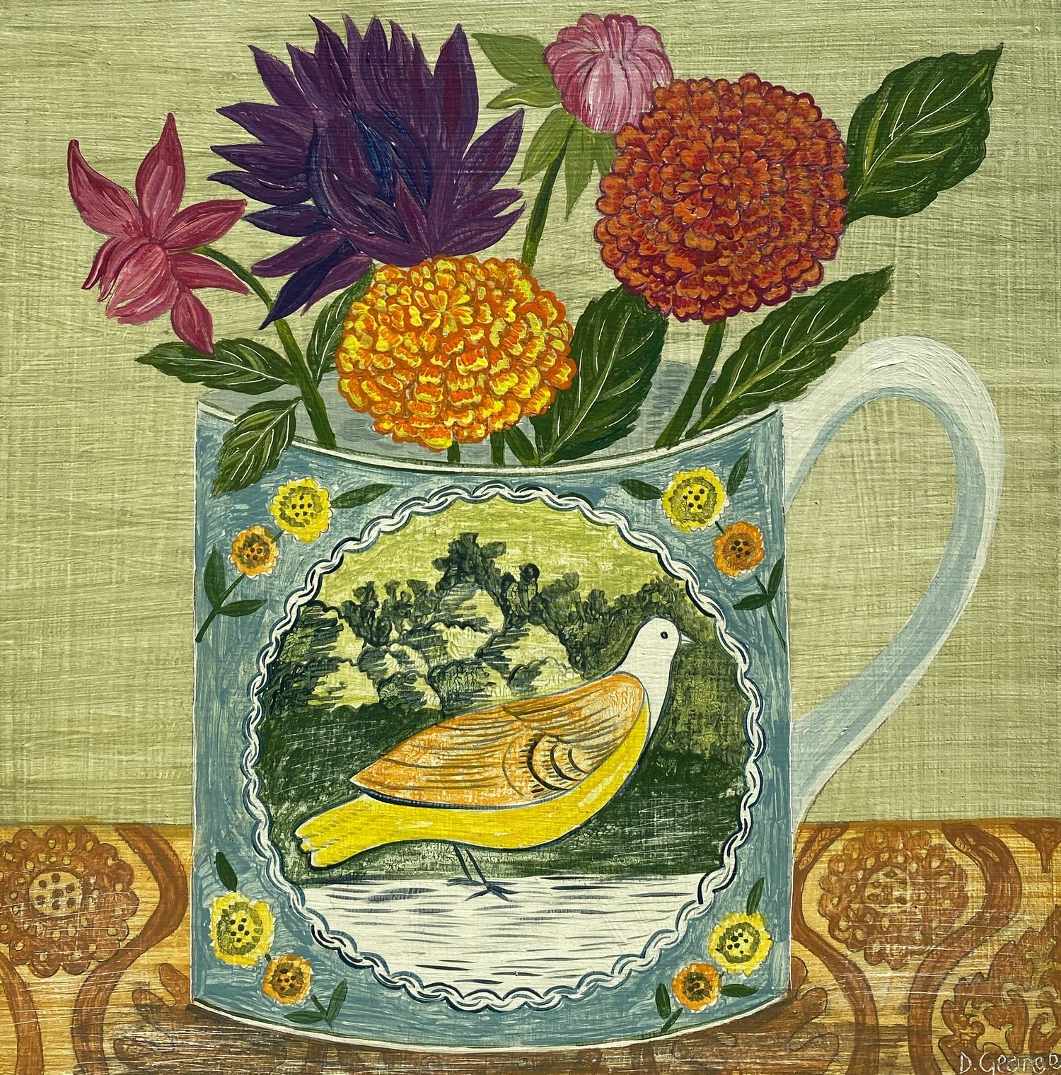 Image of Bird cup and Dahlias Giclee print medium
