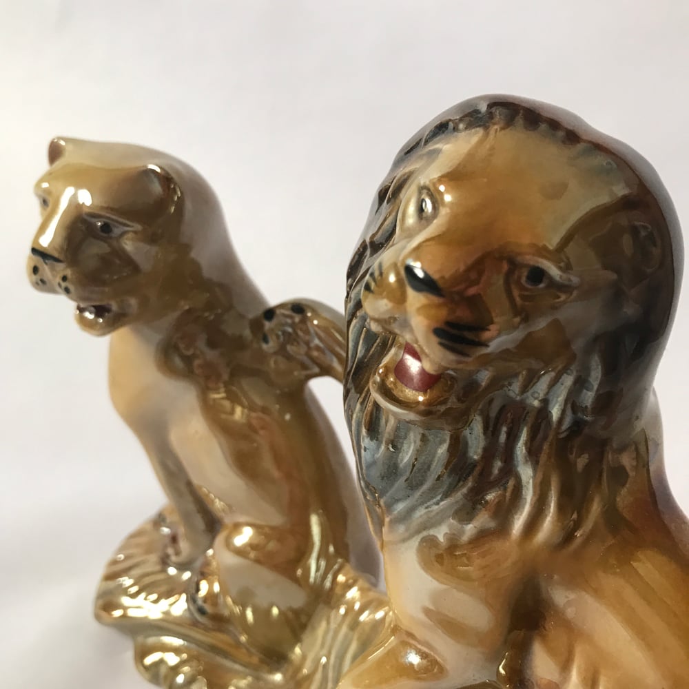 Image of Brazilian Lustreware Lion and Lioness Statue 