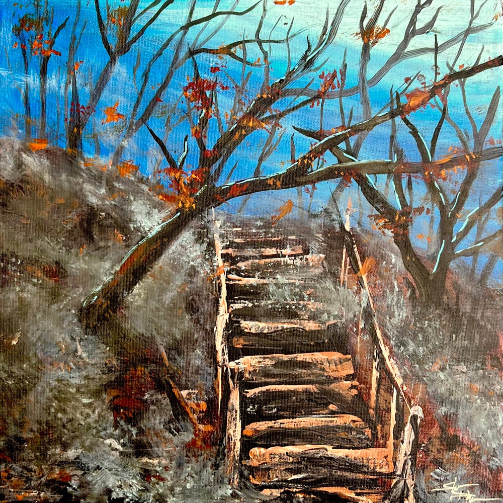 Image of “FOGGY STAIRS” hand PAINTED canvas 12” x 12”