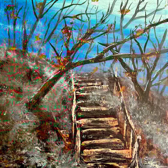 Image of “FOGGY STAIRS” hand PAINTED canvas 12” x 12”