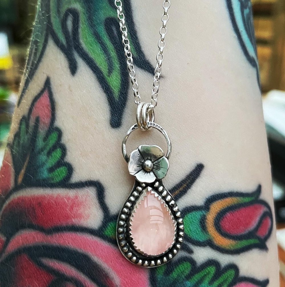 Handmade Sterling Silver Flower Rose Quartz Pendant 925