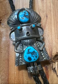 Image 1 of Native American Made Sterling Kachina Turquoise Bolo Tie