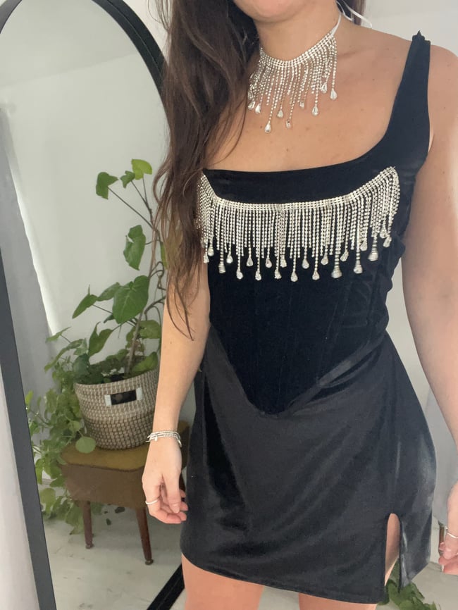 Black Velvet corset with teardrop 'Diamanté' crystal rhinestone trim 