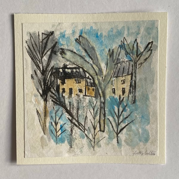 Image of A blue winter landscape - mixed media artwork 