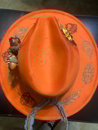 Image 4 of "Autumn Leaves and Pumpkins Please" Hand-Burned Narrow Brim Hat