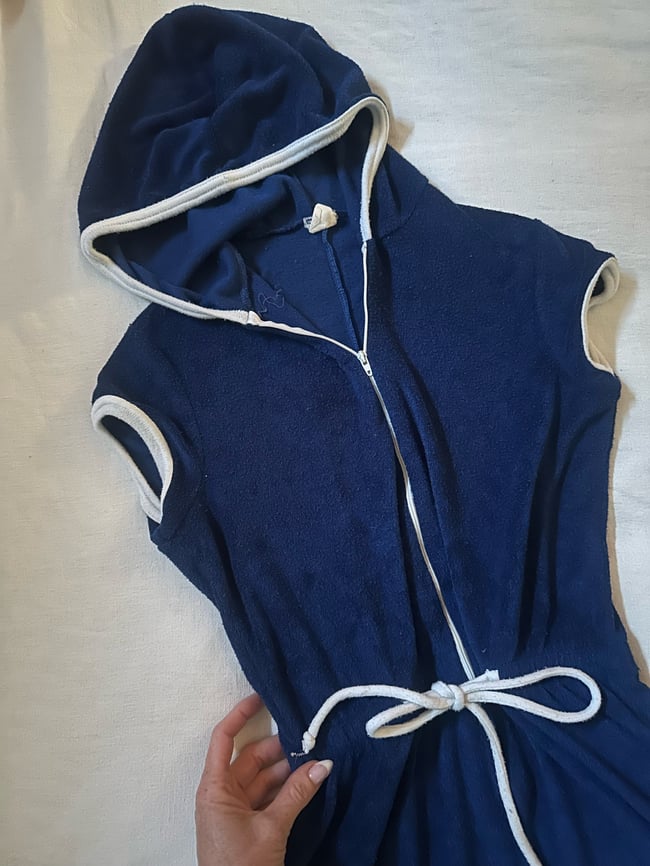 70s navy terry cloth romper with zip and hood