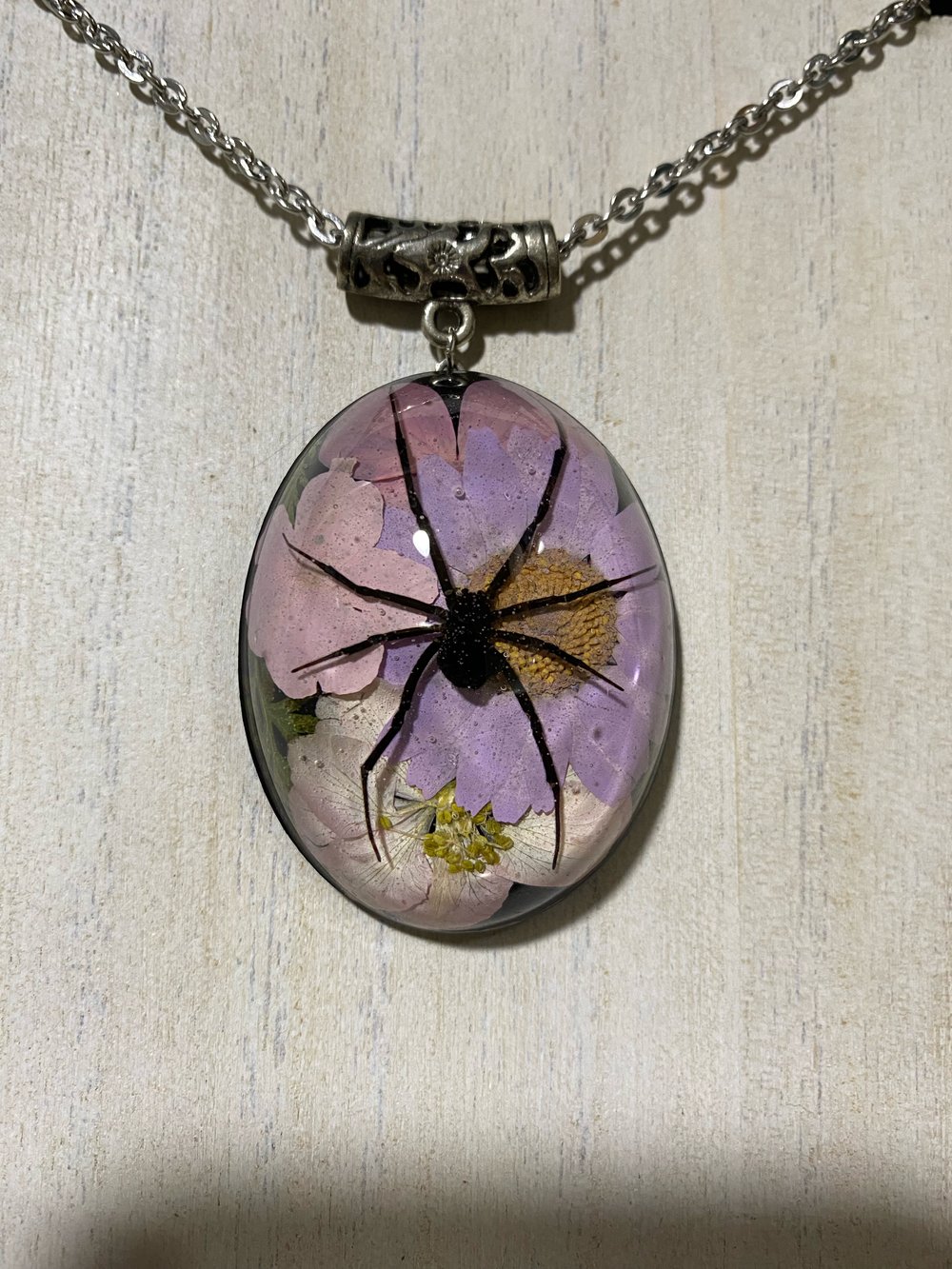 Lavender floral black widow pendant 