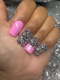 Image 4 of  Pink short square Silver rhinestone gel press on nails