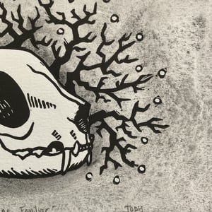 Cat Skull Trees Linocut Print With Watercolor