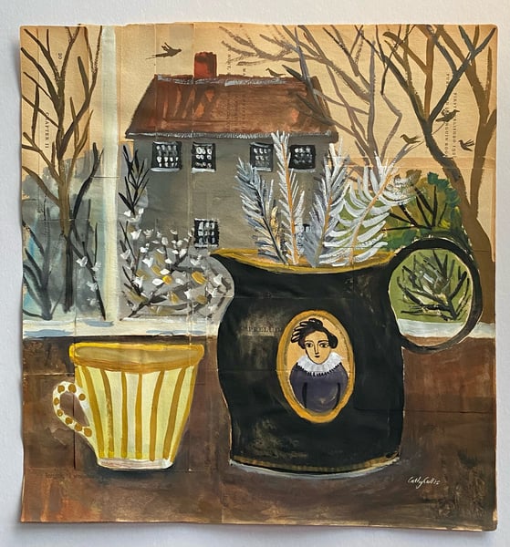 Image of Still life by a window with portrait jug and feathers - book page painting 