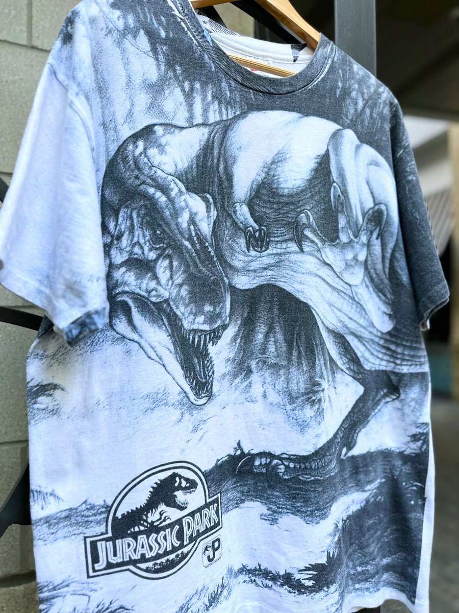 Image of 1993 Vintage “JURASSIC PARK” All-Over-Print Single-Stitched Movie Promo Tee, SIZE: XL