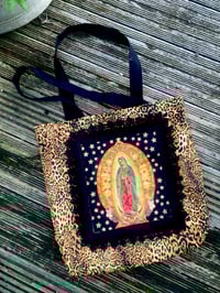 Image 2 of Virgin of Guadalupe leopard shoulder tote bag with vintage black lace trim