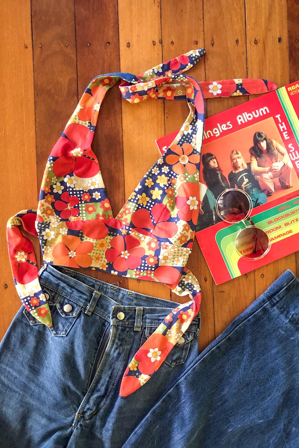 Reversible Denim Heartbreaker halter with print lining