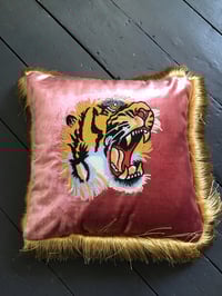 Image 4 of blue or pink  cotton velvet with embroidered tiger patch and gold fringing