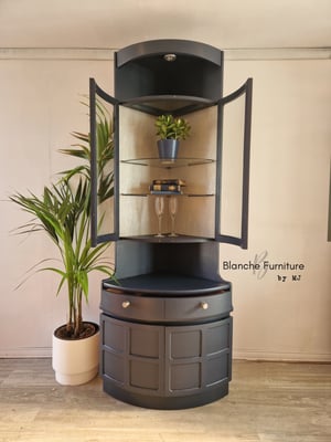 Image of Nathan Corner Drinks Cabinet unit with light - Midnight Blue with Orange Art deco lining