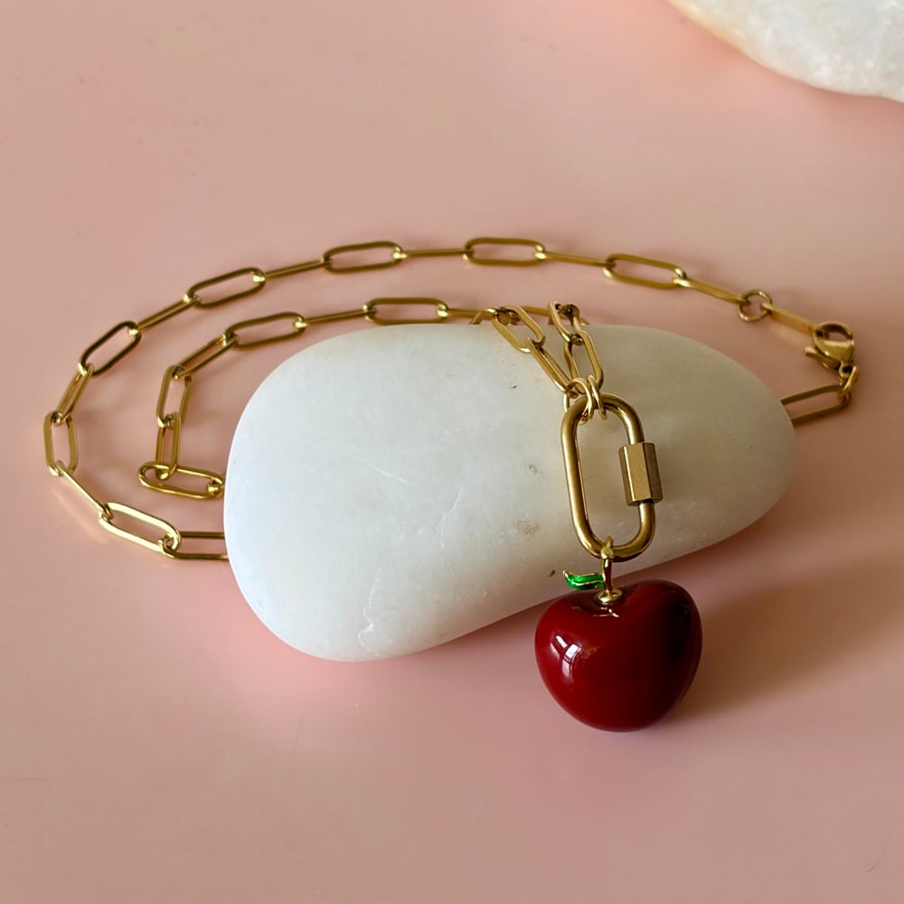 Image of Paperclip Chain and Carabiner necklace with Dark Red Apple