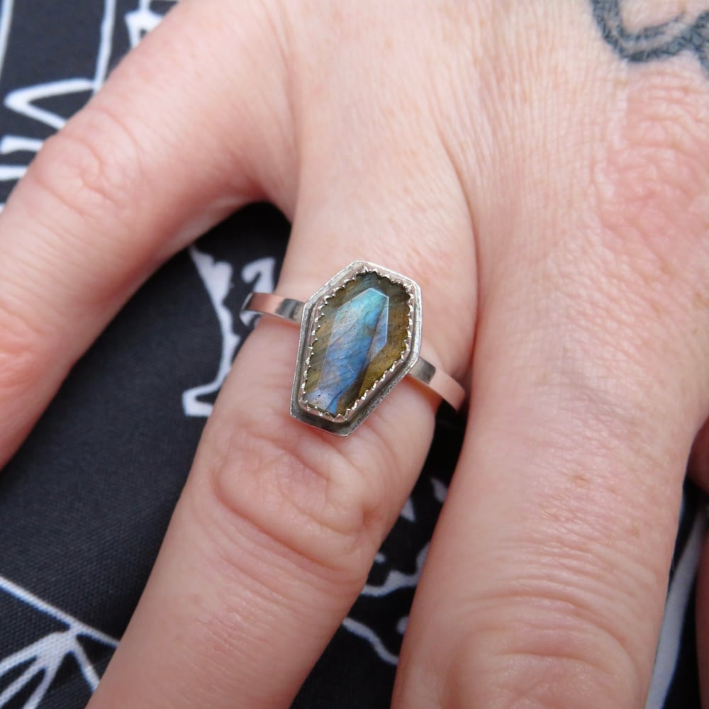 Eternal Rest Labradorite Coffin Ring Sterling Silver - SIZE N / US 6.5
