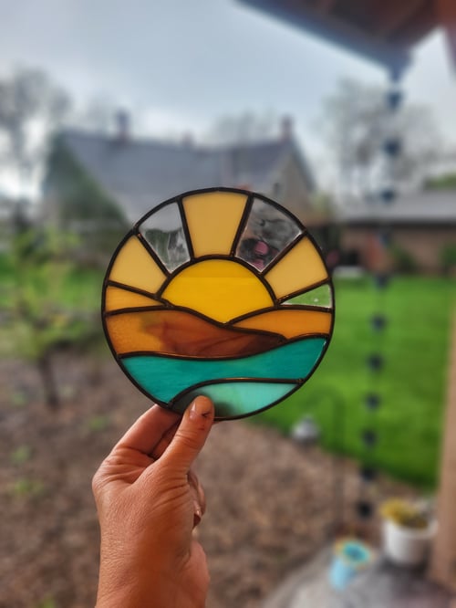 Image of Mountain/Ocean sunset mini panel- stained glass