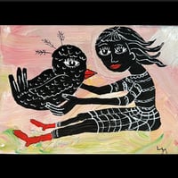 Image 1 of “Big Bird Love” original painting on 5” x 7” canvas