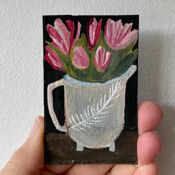 Image of striped tulips in a jug - tiny painting 