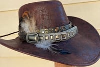 Image 3 of Brown Faux Leather Cowboy Hat Leather & Silver Band Feathers