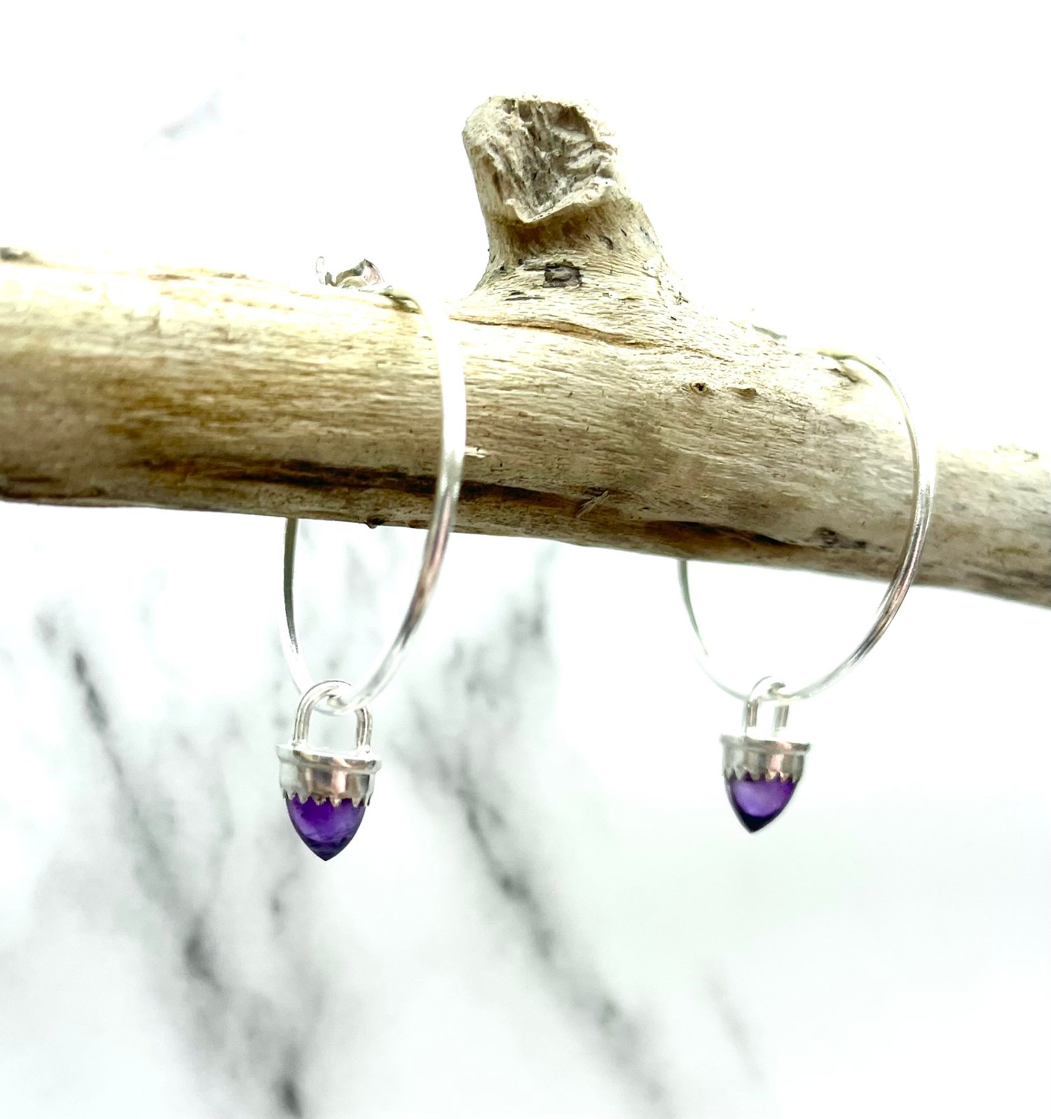 Image of Handmade Amethyst Bullet Sterling Silver Hoop Earrings 925