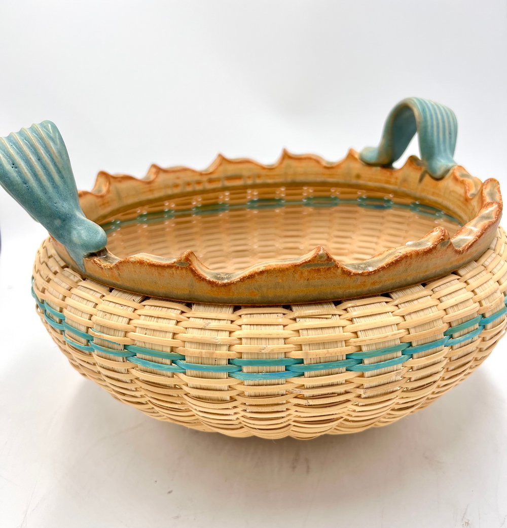 Image of Cream reed and green ceramic round basket