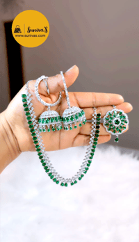 Image 1 of Yami Green_American Diamond Jhumka Set with Tika