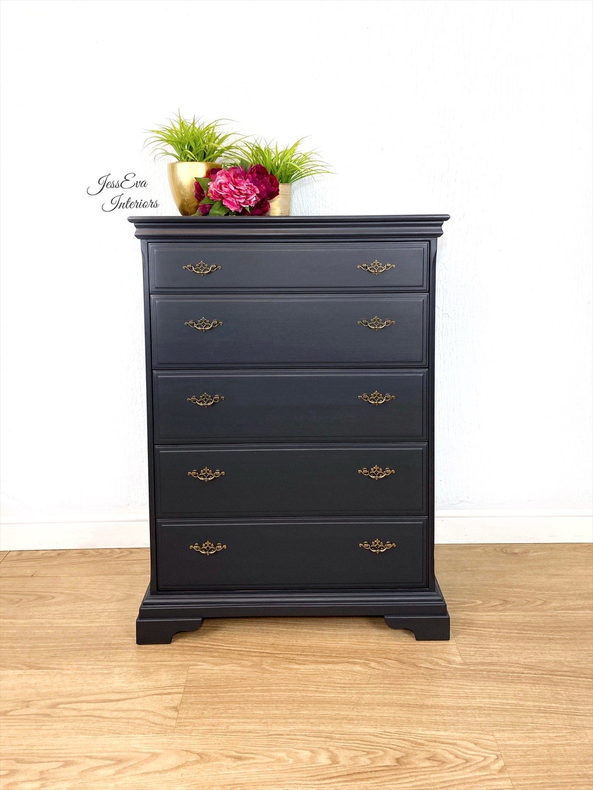Large Stag Chest of Drawers / Tallboy painted in charcoal grey.