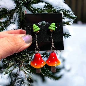 Tiny Pine Trees and Mushroom Earrings 