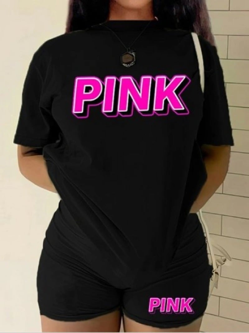 Image of Plus Size Pink Letter Print Shorts Set