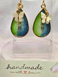 Image 3 of Handcrafted Resin Teardrop Earrings w/ Butterfly Bead 