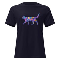 Image 3 of Women's Relaxed T-Shirt, Blue Floral Cat T-Shirt | Colorful Artistic Cat Graphic Tee
