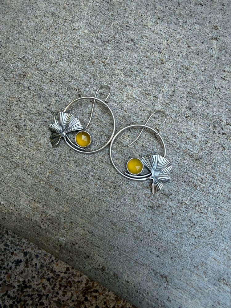 Image of Ginkgo Hoop Earrings with Canary Yellow Chalcedony